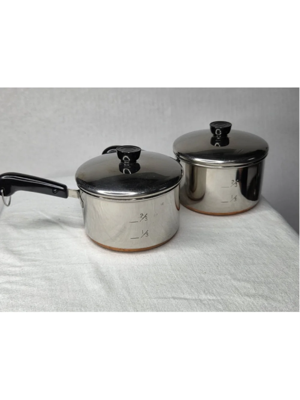 Vintage Revere Ware Miniature Measuring Saucepans w/Lids Copper Bottom Lot of 2
